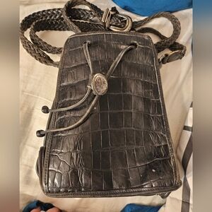 Vintage Brighton Leather Drawstring Bucket Bag Black Silver Braided‎ Strap